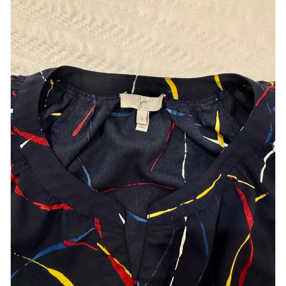 Joie Georgette Blouse Navy Blue Women’s Small Abstract Art Wear Artsy Statement - Picture 13 of 15